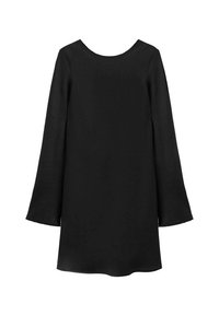 Vestido negro de manga larga con puños acampanados, escote redondo y un corte sencillo y recto.