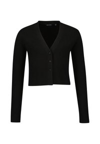 Černý žebrovaný kardigán s dlouhými rukávy, véčkovým výstřihem a zapínáním na pět knoflíků. Měkká textura, zkrácená délka a přiléhavý střih.