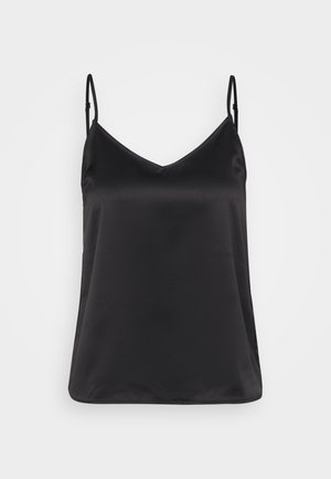 Camisole negru din satin cu decolteu în V, bretele subțiri ajustabile și o textură netedă, lucioasă. Fără modele sau accente suplimentare.