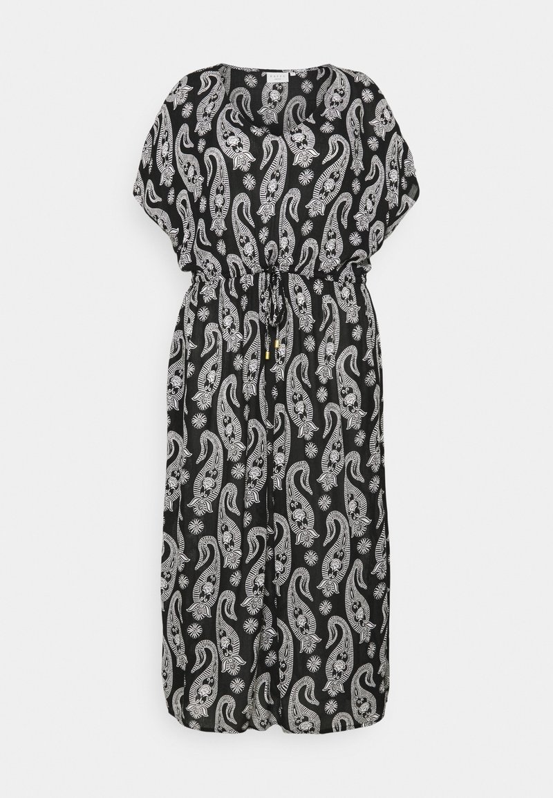 Robe maxi noire avec un motif paisley blanc, manches courtes, décolleté en V et taille élastique. Tissu léger avec un design fluide et ample.