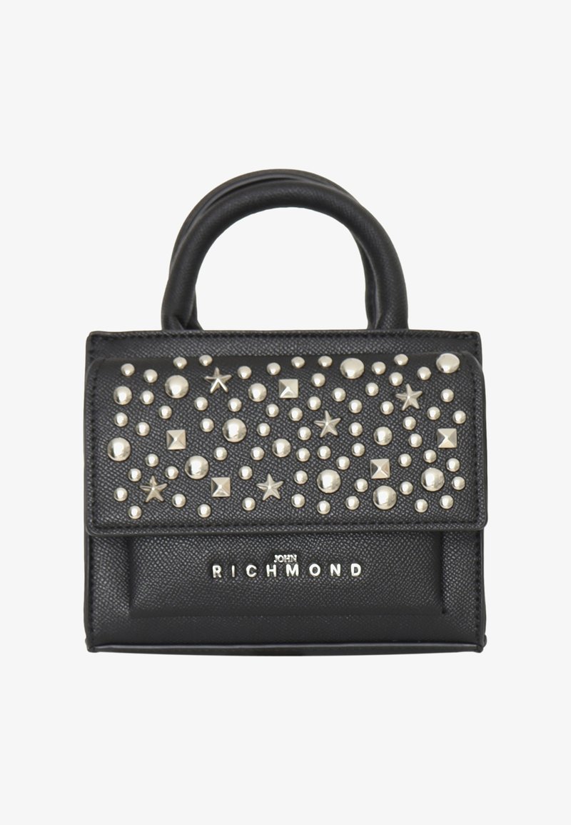 Borsa nera realizzata in materiale testurizzato, con borchie argentate e dettagli a forma di stella sul davanti, dotata di manico superiore e logo impresso.