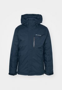 Dunkelblaue Columbia-Jacke mit Kapuze, Reißverschluss-Brusttasche und seitlichen Taschen sowie einem strukturierten Stoff; wasserabweisendes Design für den Außeneinsatz.