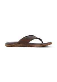 Ruske sandały typu flip-flop z teksturowanym paskiem i gładką wkładką w kontrastującym kolorze. Posiadają elastyczną gumową podeszwę z rowkowanym wzorem dla lepszej przyczepności.