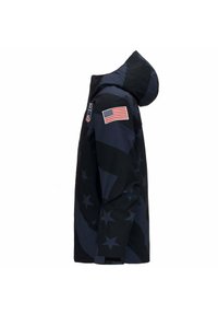 Giacca blu scuro con cappuccio, caratterizzata da un motivo a stelle e toppe con la bandiera americana su entrambe le maniche. Realizzata in tessuto dalla texture liscia.