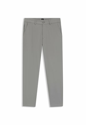 Gray trousers made from smooth fabric, featuring a flat front, two side pockets, and a zippered pocket on the right side.