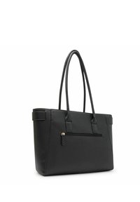 Schwarze Leder-Tasche mit zwei langen Griffen, rechteckiger Form, strukturierter Oberfläche und einer Reißverschlusstasche auf der Vorderseite.