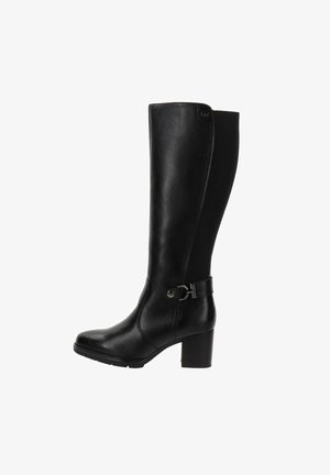 Stivali neri in pelle al ginocchio, con punta rotonda, tacco spesso e una fibbia decorativa alla caviglia. Texture liscia.