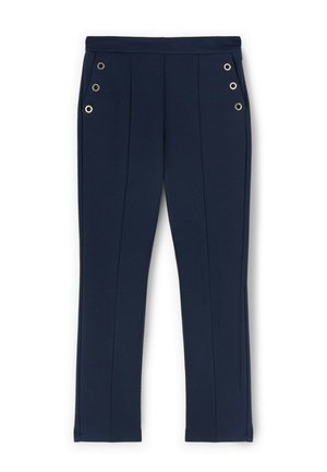Pantaloni blu navy con una consistenza liscia, caratterizzati da quattro occhielli circolari come dettagli e pieghe anteriori per un aspetto sartoriale.