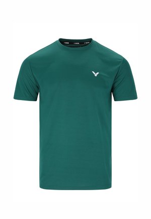 Mørkegrøn kortærmet atletisk T-shirt med rund hals og lille hvidt logo på venstre bryst.