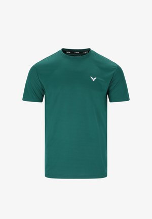 Mørkegrøn kortærmet atletisk T-shirt med rund hals og lille hvidt logo på venstre bryst.
