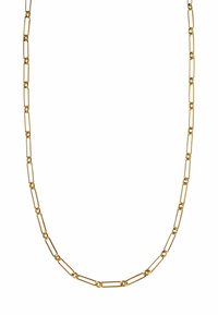Collar de cadena de oro que presenta enlaces ovalados alargados con acentos circulares, espaciado uniforme y un acabado pulido.
