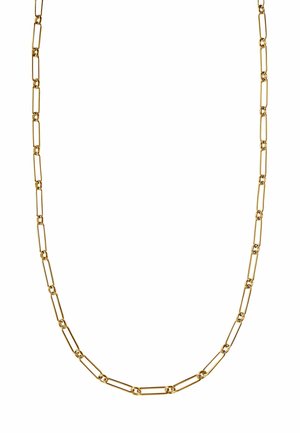 Collar de cadena de oro que presenta enlaces ovalados alargados con acentos circulares, espaciado uniforme y un acabado pulido.