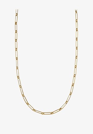 Collar de cadena de oro que presenta enlaces ovalados alargados con acentos circulares, espaciado uniforme y un acabado pulido.