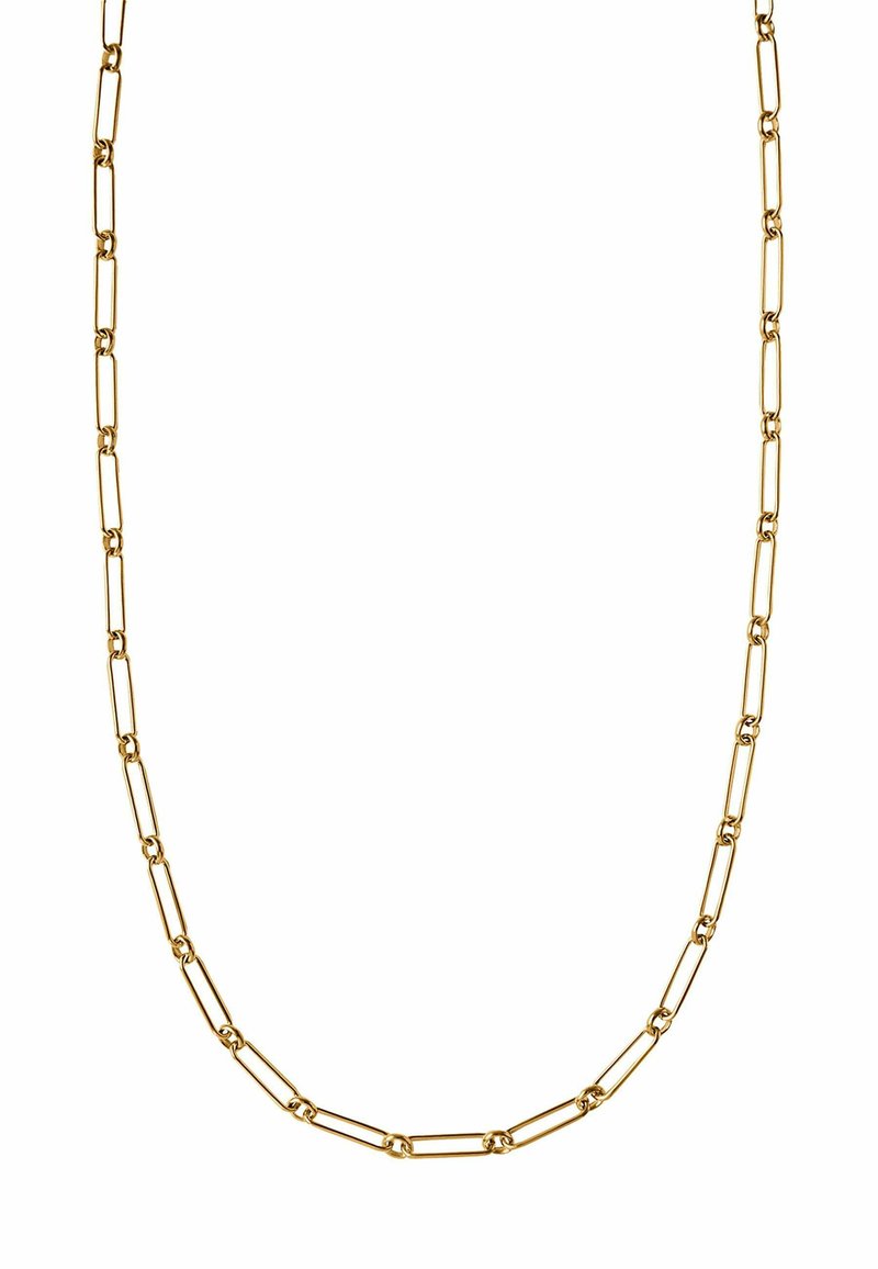 Collar de cadena de oro que presenta enlaces ovalados alargados con acentos circulares, espaciado uniforme y un acabado pulido.