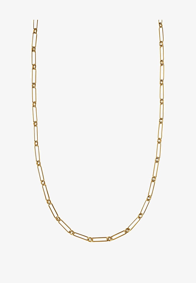 Collar de cadena de oro que presenta enlaces ovalados alargados con acentos circulares, espaciado uniforme y un acabado pulido.