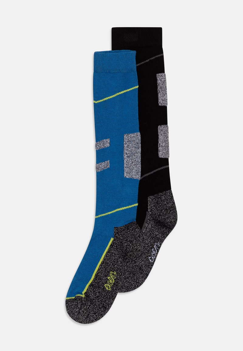 Calzini blu e neri con motivi geometrici grigi, arricchiti da linee fluorescenti gialle. Texture morbida e design a coste sulla parte superiore.