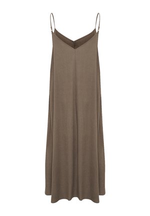 Smeđa haljina bez rukava s V-izrezom i podesivim trakama, koja ima labav, lepršav dizajn i meku teksturu.