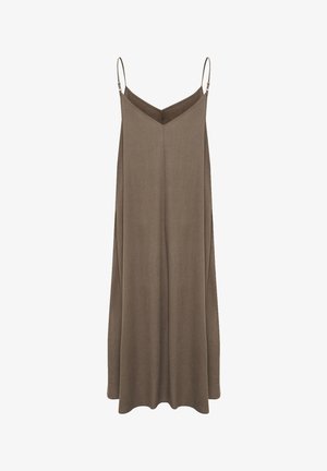 Smeđa haljina bez rukava s V-izrezom i podesivim trakama, koja ima labav, lepršav dizajn i meku teksturu.