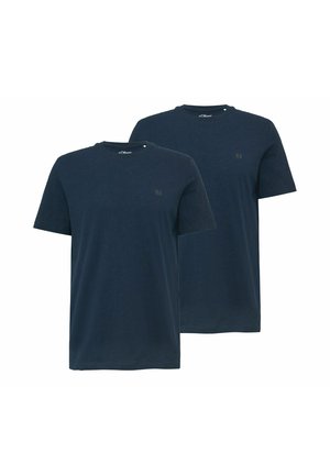 Two plain dark blue short-sleeve crew neck t-shirts displayed side by side on a white background.