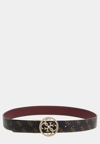Cintura in pelle nera con fibbia a logo circolare dorato, caratterizzata da un motivo monogram. Fodera interna di colore bordeaux. Texture liscia, larghezza media.