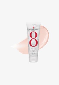 Tube nettoyant quotidien deux en un par Elizabeth Arden, avec un fond blanc et des éléments de design rouges et gris, contenant une crème rose clair.