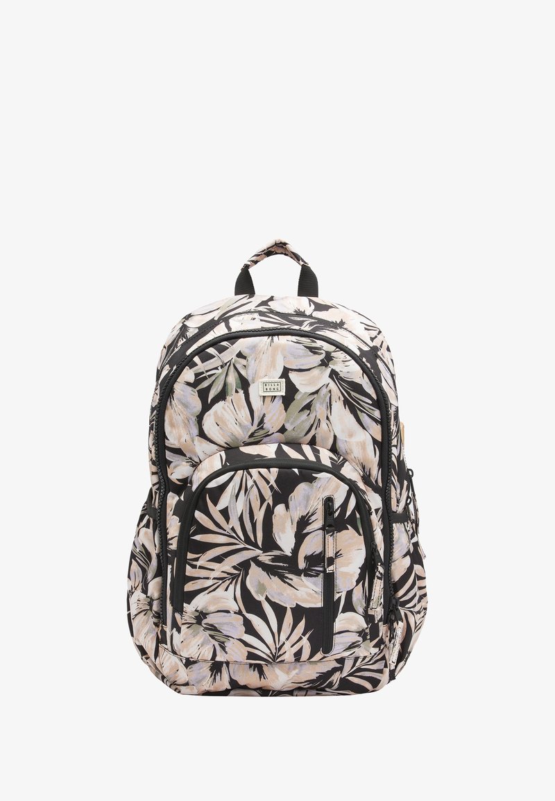 Floral-patterned backpack with a black base, featuring dual zipped compartments, textured fabric, and a top handle for carrying.