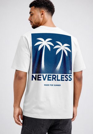 Man wearing white T-shirt with blue square showing two stylized palm trees and text "NEVERLESS" and "MADE FOR SUMMER" on the back.