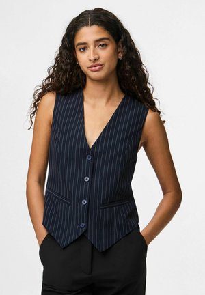 Navy, pinstriped vest with a deep V-neck, five buttons, and two front pockets; sleek, tailored fit with a pointed hemline.