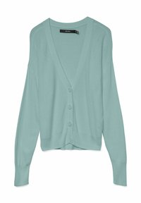 Světle tyrkysový cardigan s výstřihem do V, pěti knoflíky, dlouhými rukávy a žebrovanými detaily podél lemu a manžet rukávů.