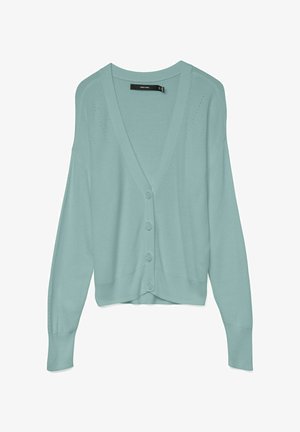 Helles tealfarbendes Strickjacke mit V-Ausschnitt, fünf Knöpfen, langen Ärmeln und Rippdetails am Saum und an den Ärmelbündchen.