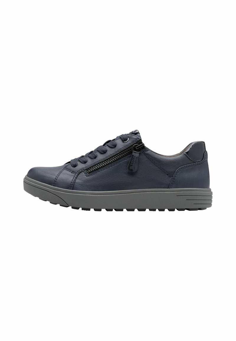Leather sneakers in dark navy with gray rubber sole, featuring contrasting laces and a side zipper for easy wear. Smooth texture, low profile design.