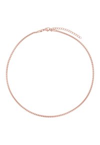 Collana a catena in oro rosa con design attorcigliato, dotata di chiusura a moschettone e lunghezza regolabile tramite una delicata catena di estensione.