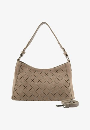 Sac à bandoulière en daim taupe avec un motif perforé en forme de losange et une lanière amovible enroulée à côté.
