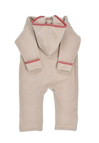 Beige fleece jumpsuit with a hood, featuring red and white checkered accents on cuffs and hood. Soft texture, long sleeves, and full legs.