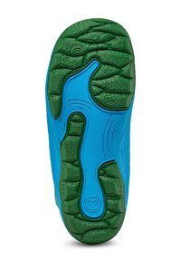 Schuhsohle mit einem blauen und grünen Gummidesign. Texturierte Muster für perfekten Halt, mit einem runden Logo und erhabenen Akzenten in der Sohle.