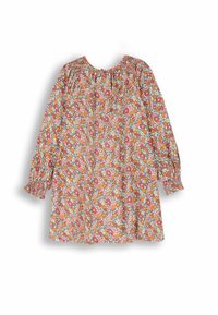 Kwiatowa sukienka w odcieniach różu, pomarańczy i zieleni, z długimi rękawami, dekoltem w wariancie marszczonym oraz elastycznymi mankietami. Lekki materiał z nadrukowanym wzorem.