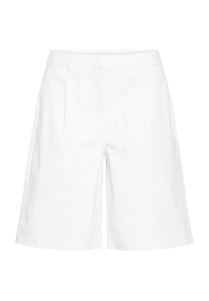 Pantalones cortos blancos a medida hasta la rodilla con trabillas para cinturón y bolsillos laterales, mostrados sobre un fondo liso.