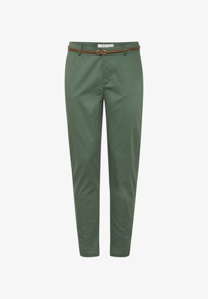 Roheline puuvillane püksid kitsas lõikes, pruuni vöö, vöökandurid ja kaks küljetaskut. Sile tekstuur ja puhas disain.