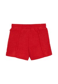 Červené šortky vyrobené z textúrovaného materiálu s rebrovaným vzorom. Majú elastický pás, rovný strih a bočné švy pre pohodlné nosenie.