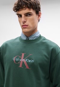 Sweatshirt verde com o logótipo bordado "Calvin Klein" em vermelho e azul, gola redonda e tecido texturizado. Usado por cima de uma camisa às riscas.