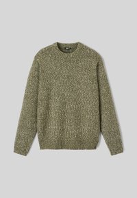 Pull en tricot vert olive avec un col rond, des manches longues et des poignets et un ourlet côtelés. Motif texturé sur tout le tissu.