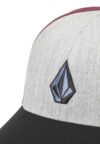 Baseball cap with a gray fabric upper, maroon accents, black visor, and a blue and black embroidered logo on the front.