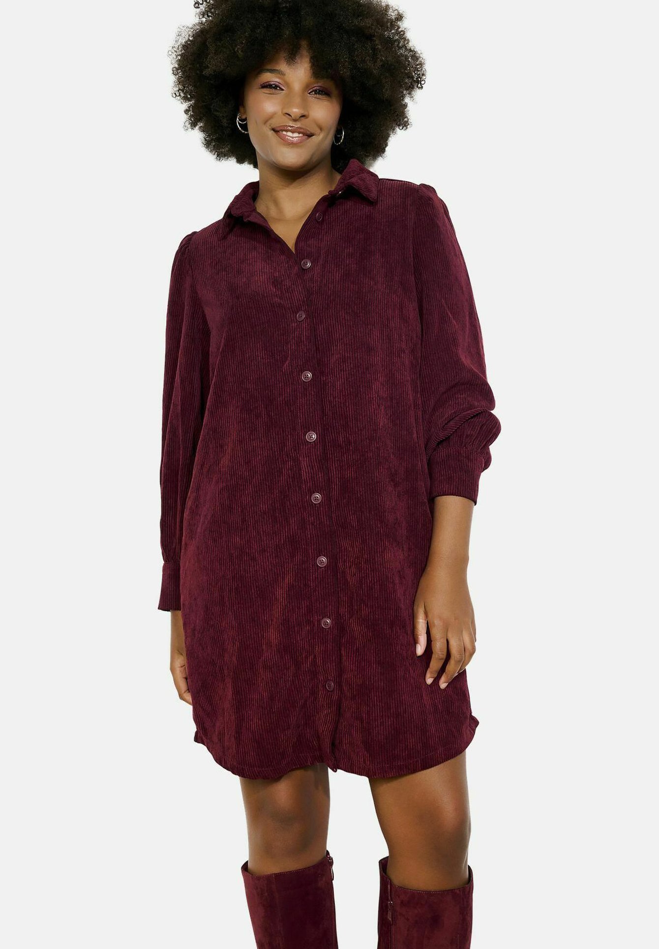 Robe Chemise Midi En Velours Côtelé Femme - Boutonnée, Col Revers, Poches, Ample - Automne/Hiver
