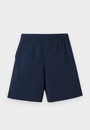 Navy blue men's shorts with an elastic waistband, straight hem, and a smooth fabric texture.