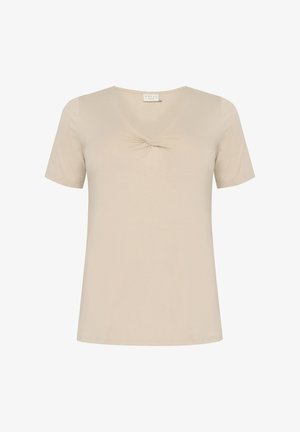 Beige lühikeste varrukate ja V-kaelusega t-särk, millel on rinda kogutud detail. Valmistatud pehmest ja siledast kangast, millel on lõdva lõikega disain.