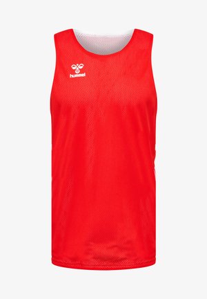 Rød mesh sports tanktop med rund halsudskæring, prydet med et lille hvidt logo på brystet og åndbart stof.