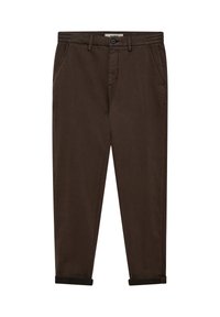 Brown cotton chinos with a tapered leg, side pockets, and rolled cuffs. Features a front button closure and smooth texture.