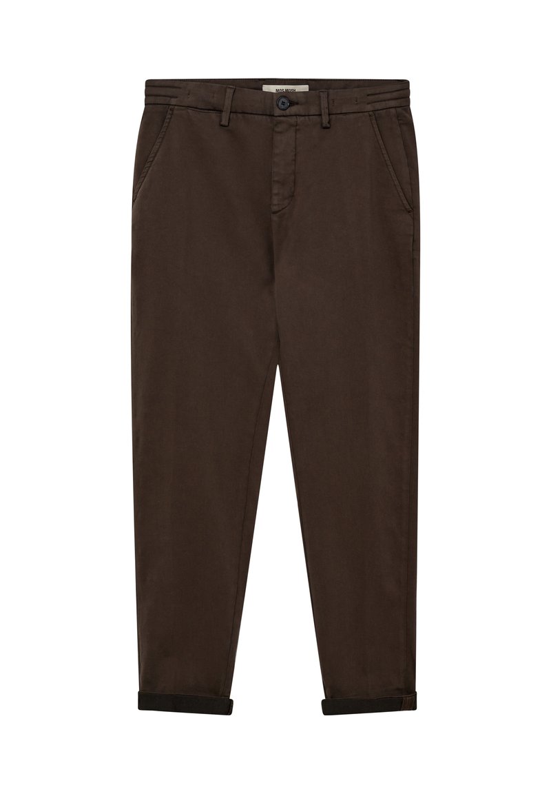 Brown cotton chinos with a tapered leg, side pockets, and rolled cuffs. Features a front button closure and smooth texture.