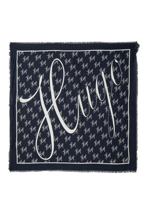 Sciarpa navy con pattern ripetuto di logo bianco in carattere corsivo, bordata con una cornice bianca e finita con bordi sfrangiati.