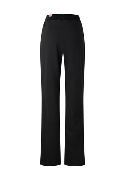 Black athletic pants with a smooth texture and straight-leg design. Features a soft waistband and a small pink label at the back.
